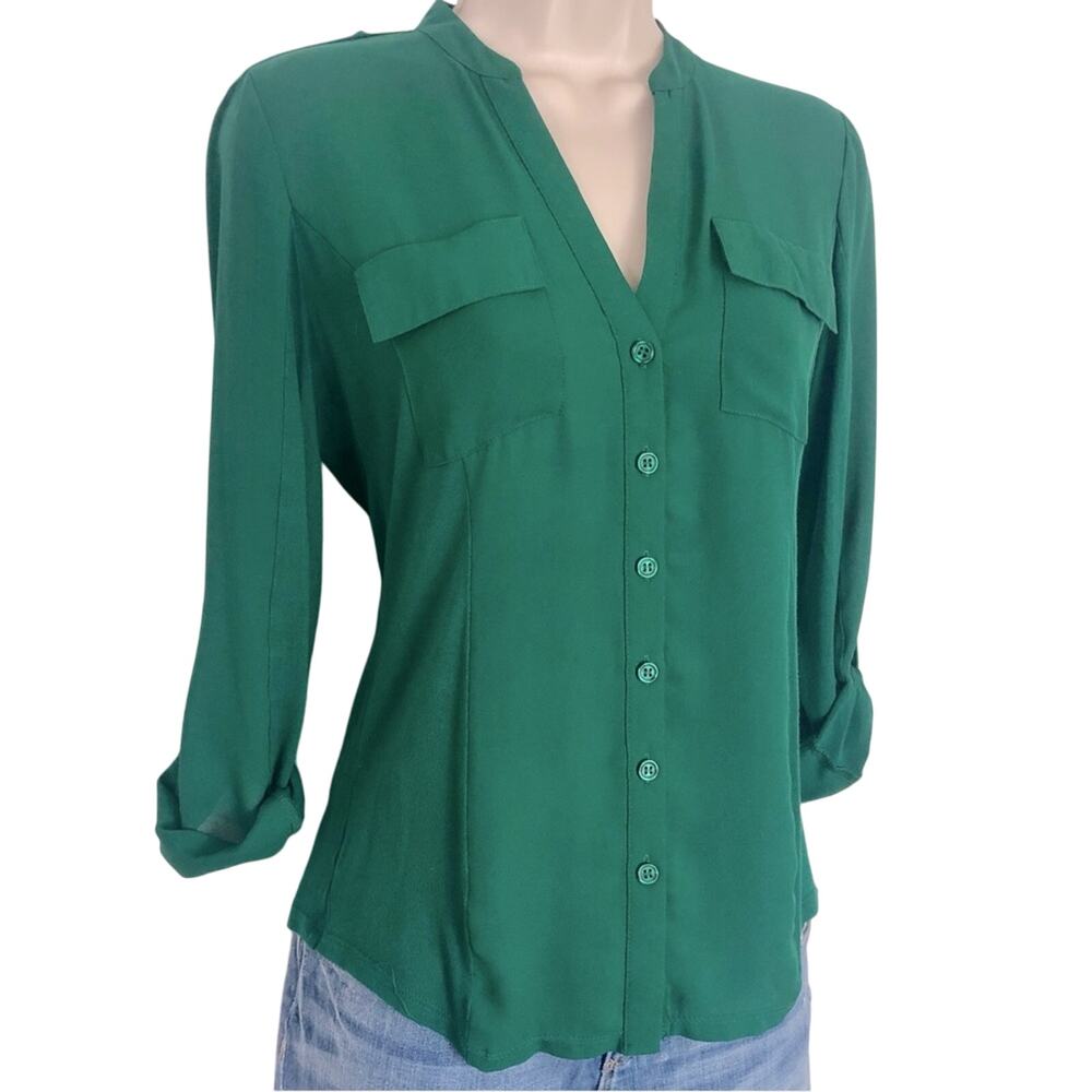 INC International Concepts Mixed Media Kelly Green Button Front Blouse - Picture 5 of 16